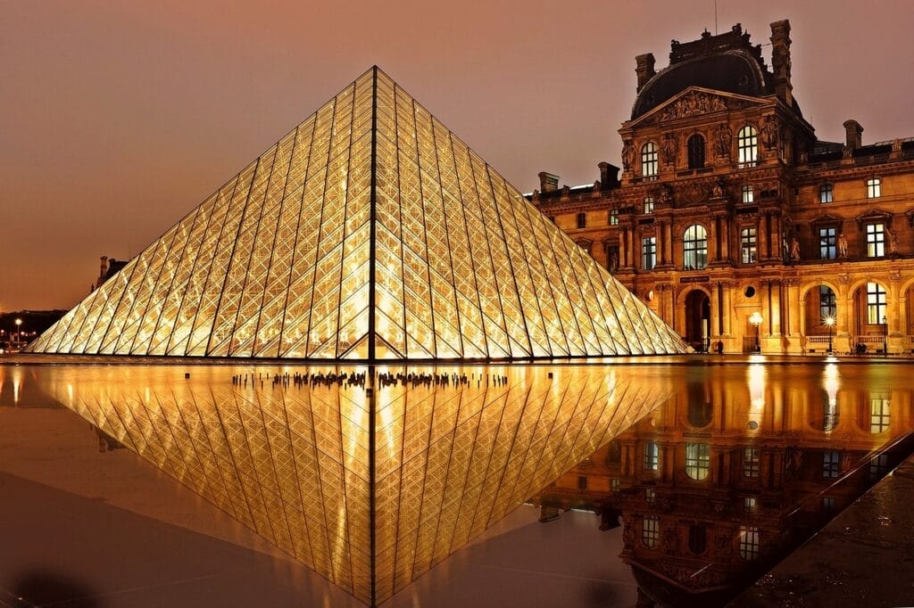 Louvre pyramid at night