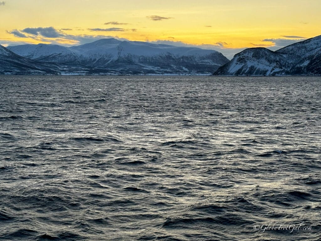 Fjord view at sunset from whale watching tour in Tromsø Norway.