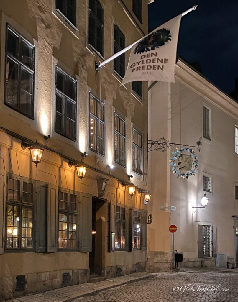 Exterior of Den Gyldene Freden restaurant in Gamla Stan in Stockholm, Sweden