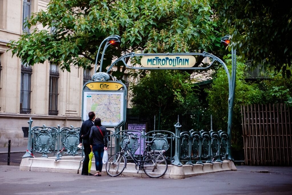 Classic Paris metro sign at metro stop in Paris