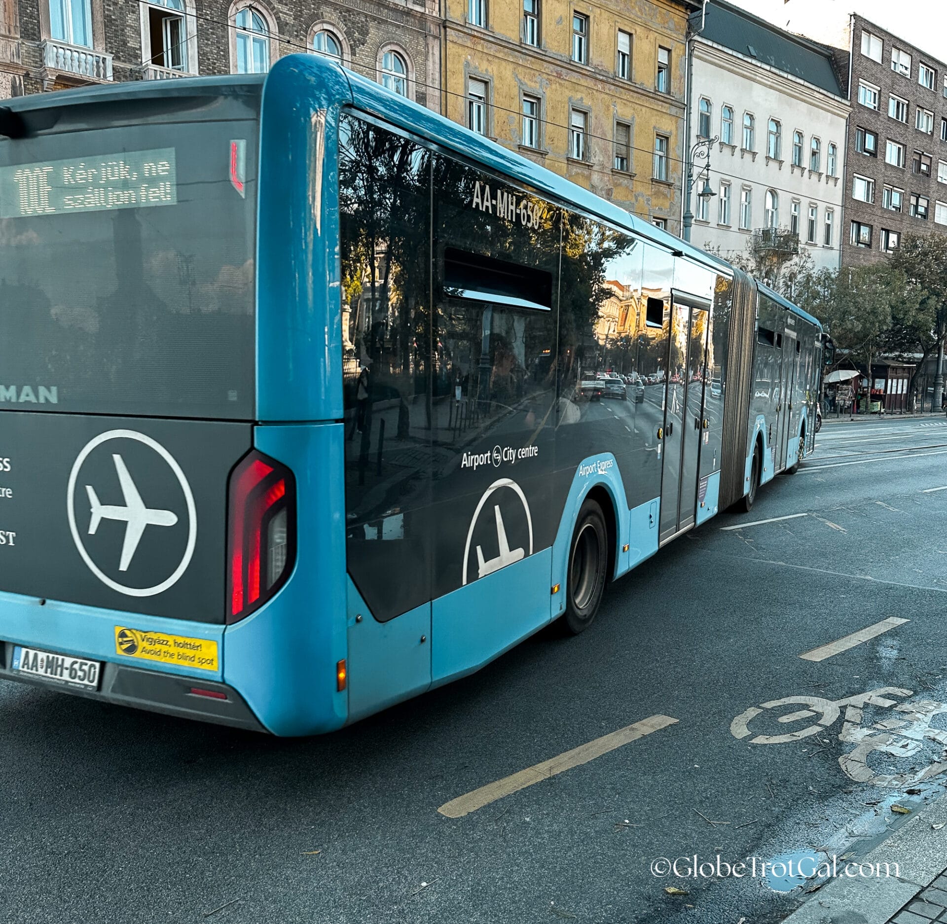 Budapest BKK 100E airport express bus leaving Kalvin Ter stop in central Budapest Hungary